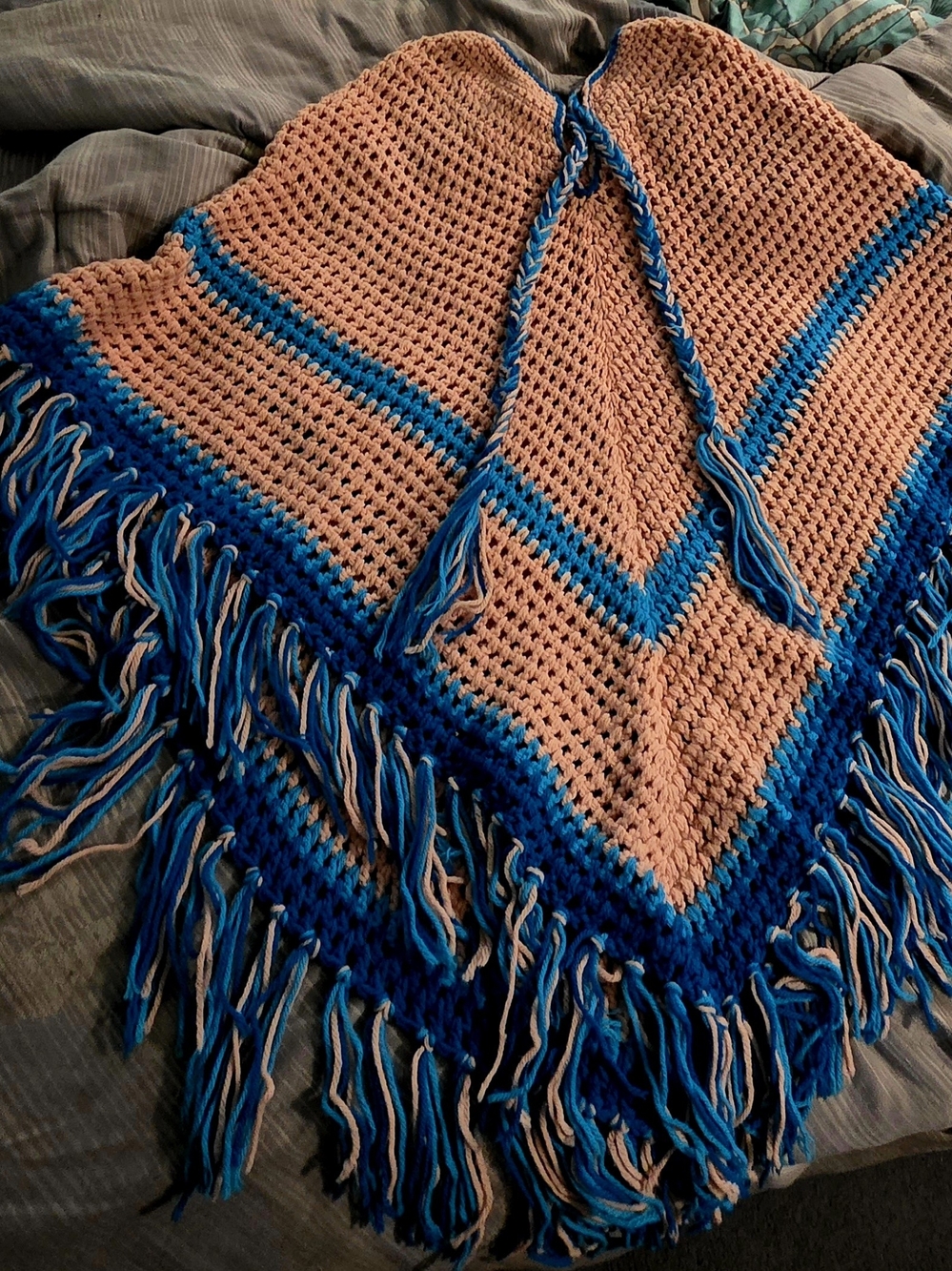 Handmade Crochet Poncho in Peach, Teal, Turqoise  Blue